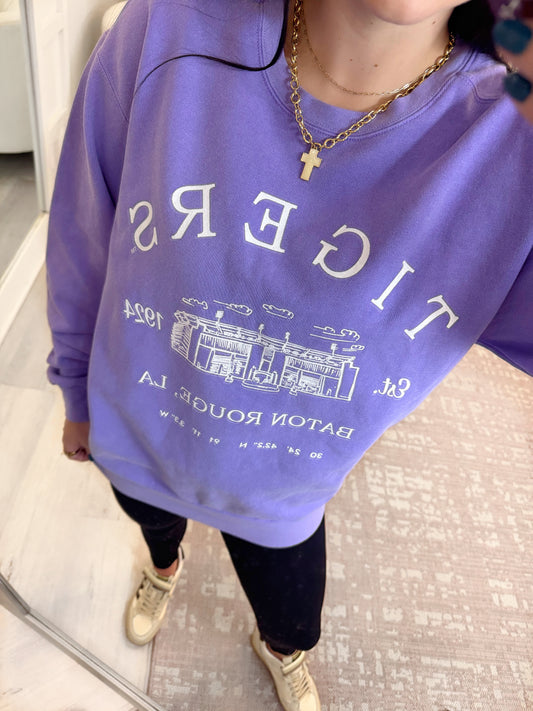 tiger stadium sweatshirt, long sleeve tigers top, game day top, fall game day sweater, tigers sweatshirt, purple sweatshirt, LSU, Stadium sweatshirt, warm sweatshirt, womens sweatshirt