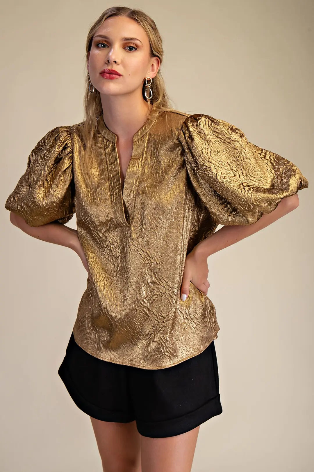 V Neck Puff Sleeve Top