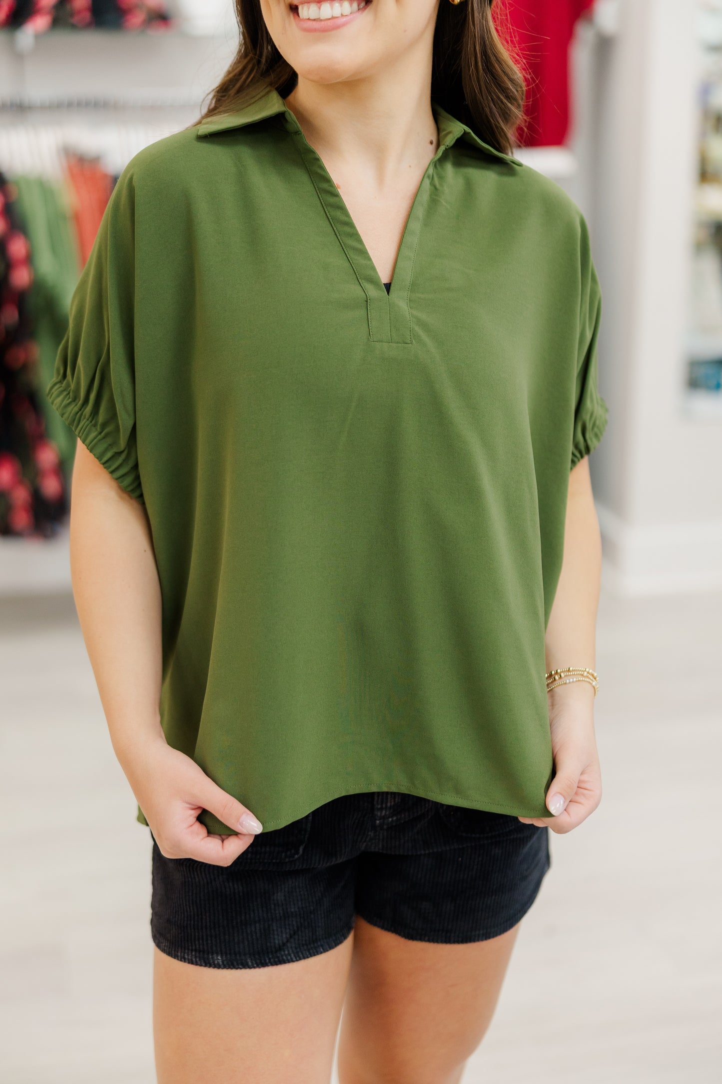 S/S Split Collar Top