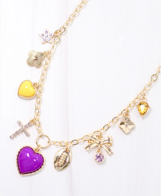 charm necklaces, womens charm necklaces, purple and gold charm necklaces, chunky necklaces, game day necklaces