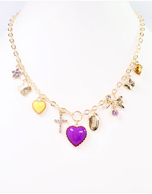 charm necklaces, womens charm necklaces, purple and gold charm necklaces, chunky necklaces, game day necklaces