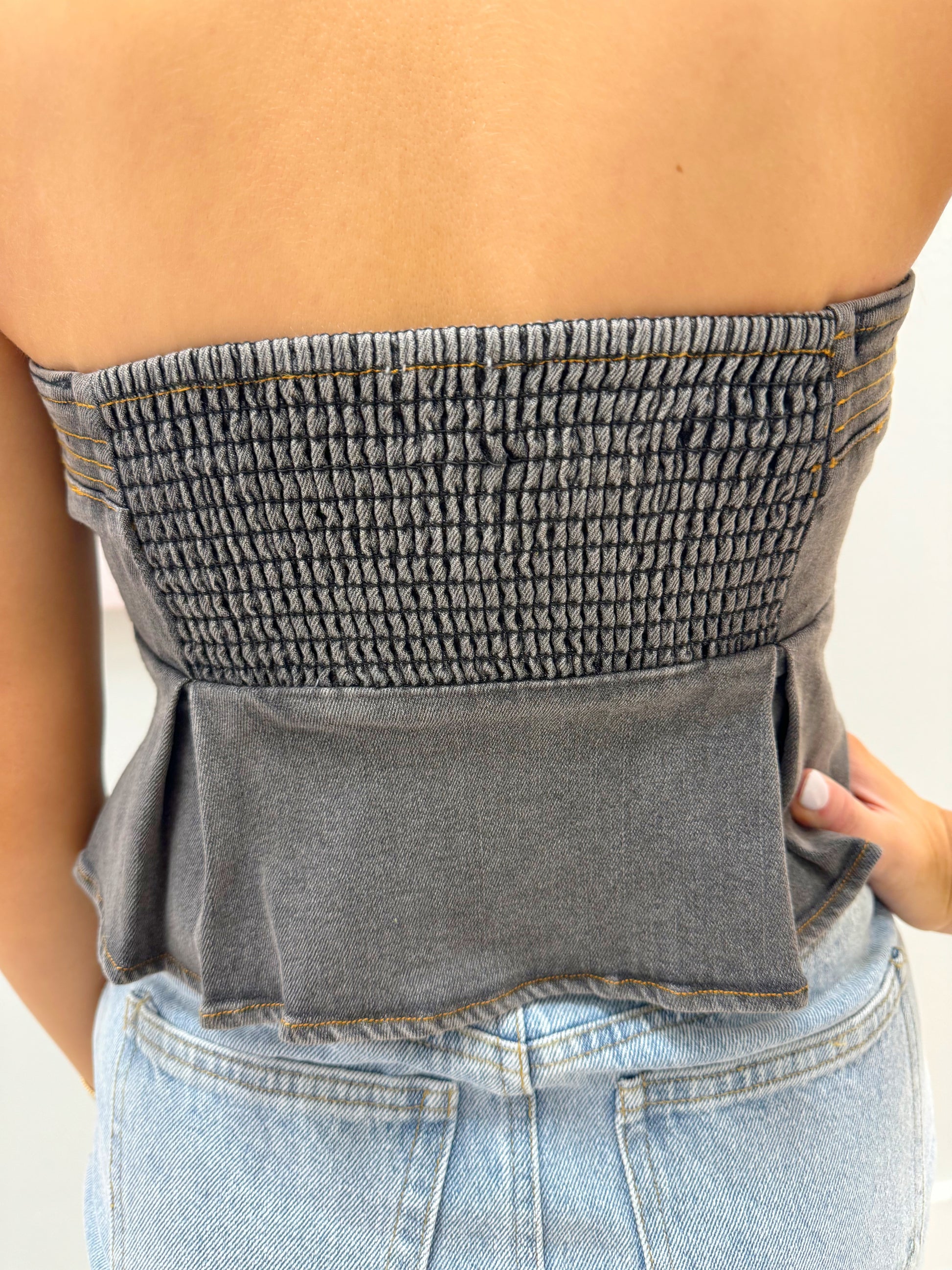 Women's tops, strapless tops, boots on the bayou tops, denim tops, flattering top, strapless denim top, women's strapless denim top, button down strapless denim top, women's flared out top