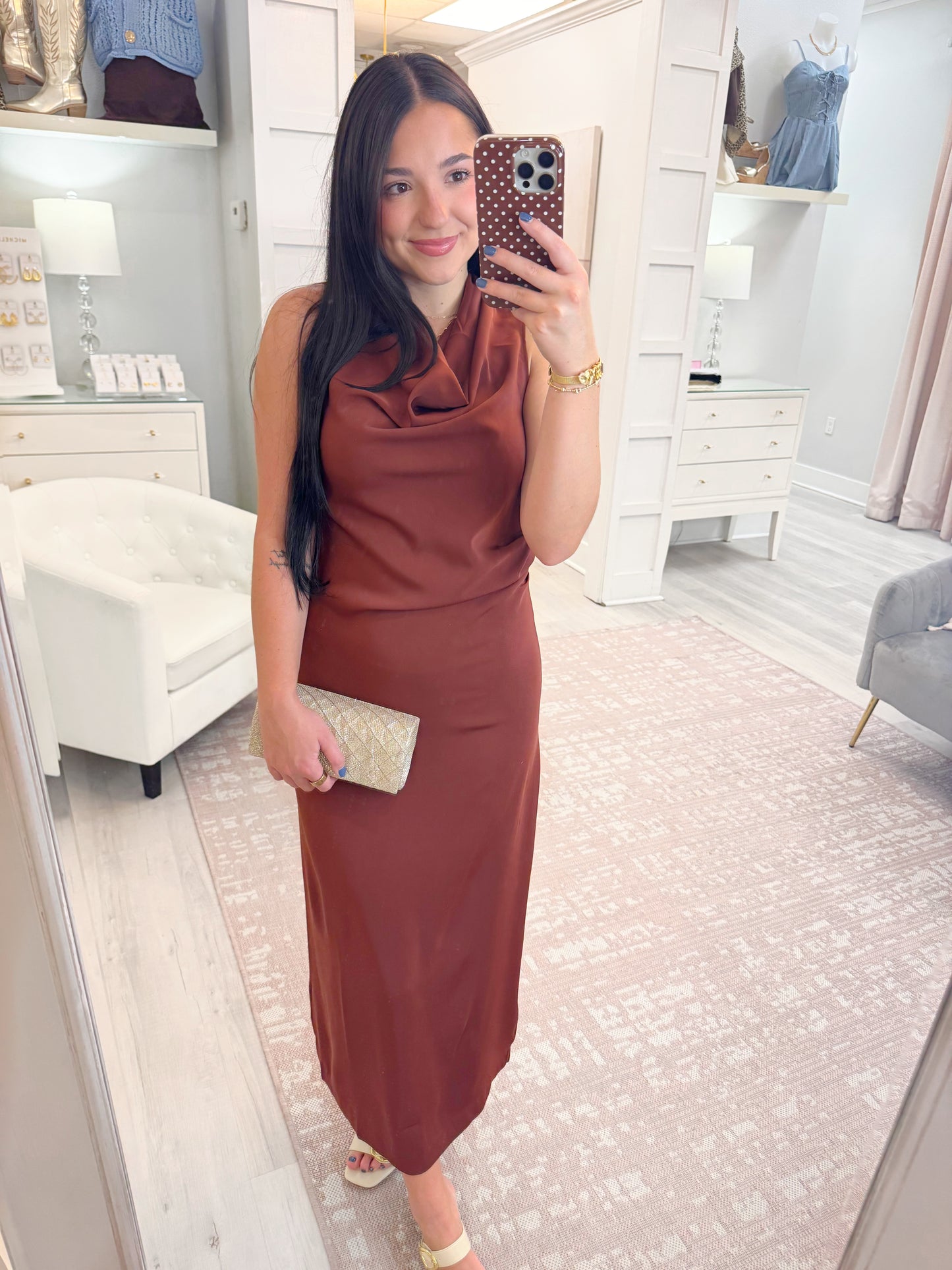 Cocktail dress, womens dress, boutique dress, long dress, wedding guest dress, sleeveless dress, cow neck dress, brown dress, fall dress, family picture dress