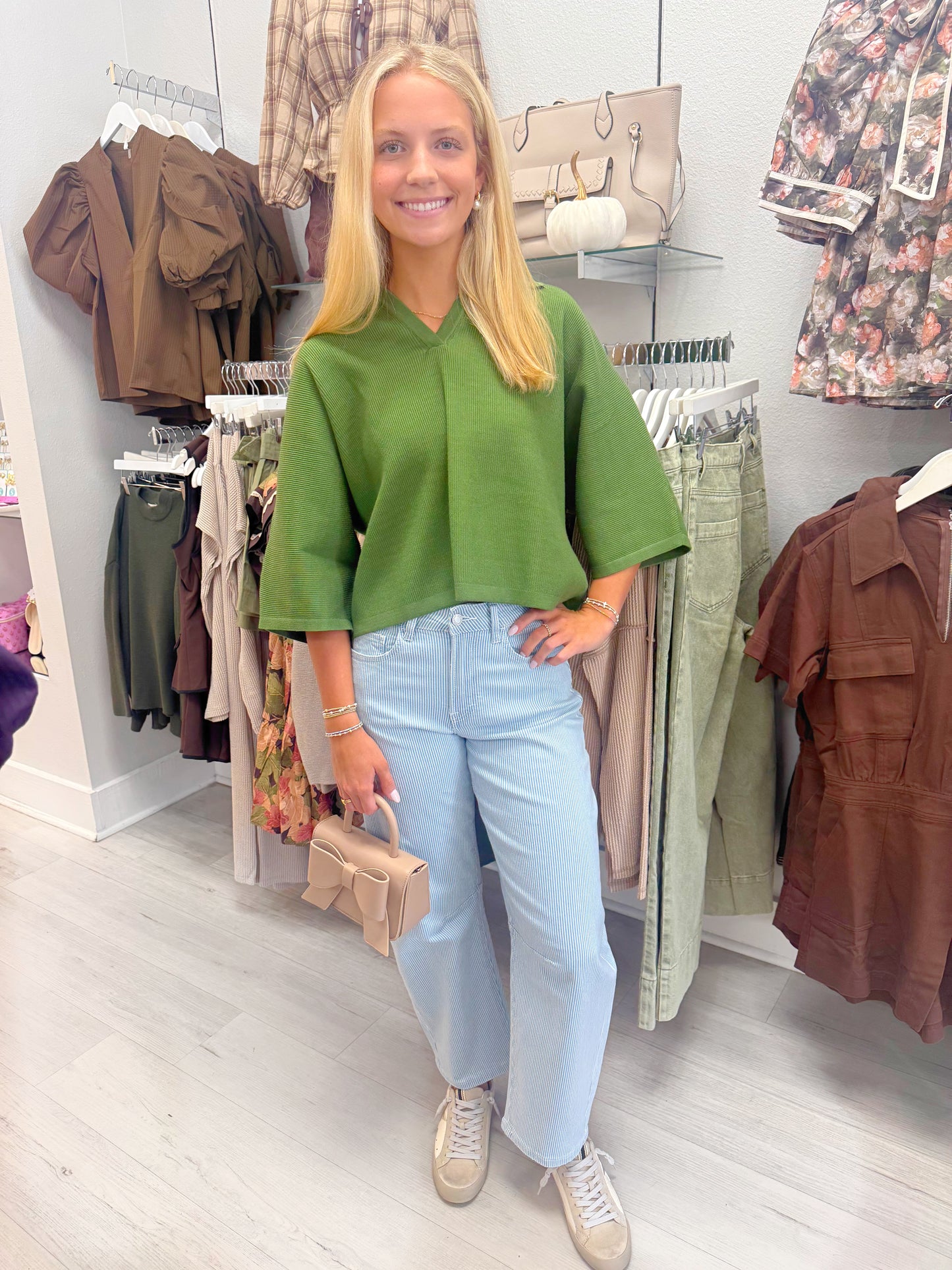Oversized Sleeve V Neck Knit Top