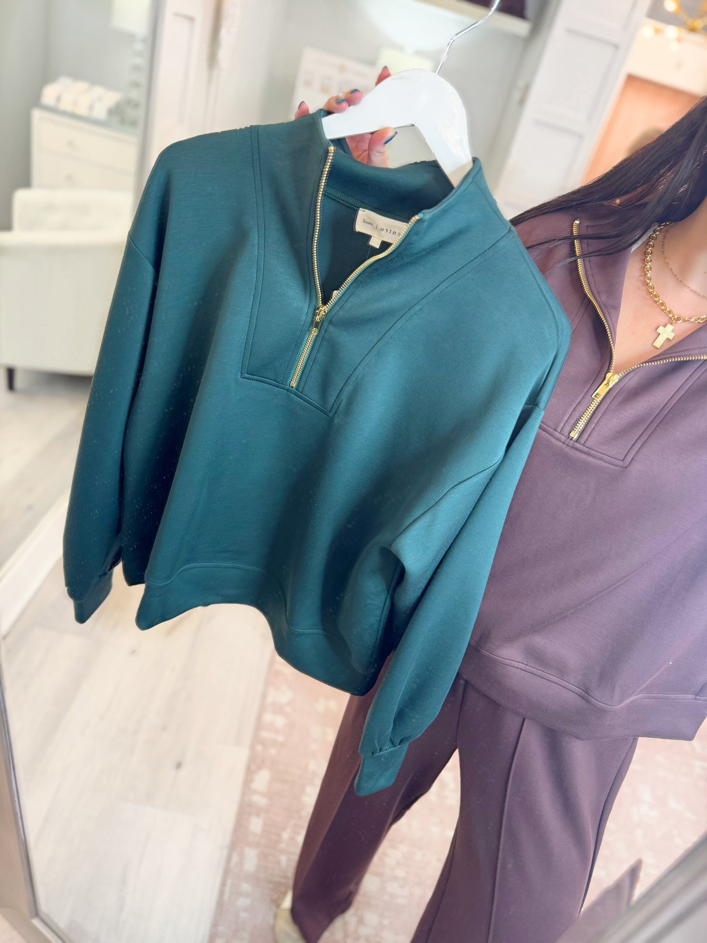 Womens pullover, half zip pullover, collared pullover, scuba pullover, matching top to wide leg pants, gold zipper, long sleeve pullover, scuba sets, womens long sleeve