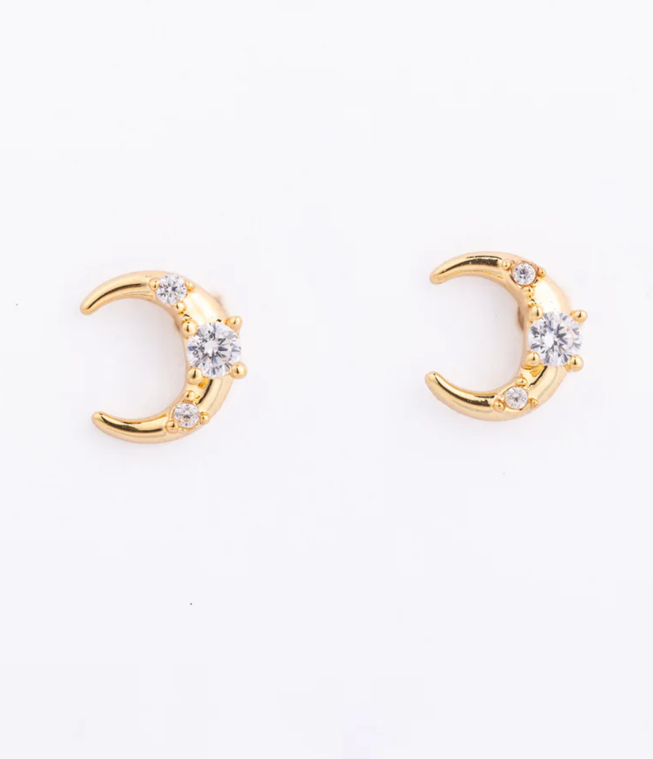 gold earrings, studs, stud earrings, moon earrings, stoned earrings, stoned moon earrings, crescent earrings