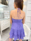 purple dress, woman's purple dress, halter top dress, tiered purple dress, woman's gameday dress, sleeveless dress, sleeveless gameday dress, woman's sleeveless dress