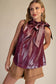 ruffle top, ruffle neck top, bow tie top, shoulder bow top, blouse, holiday top, shiny top