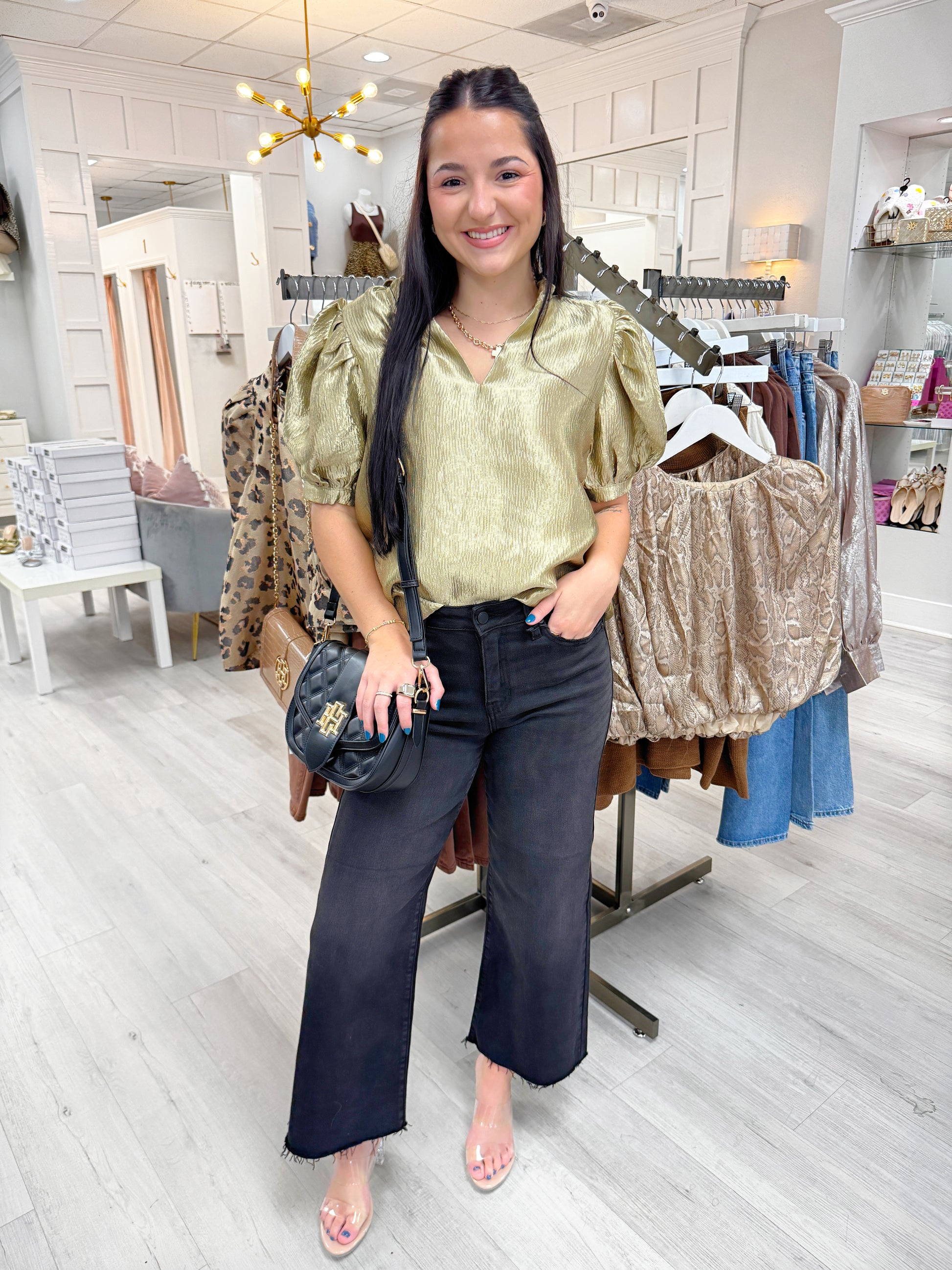 Metallic blouse, metallic top, holiday top, date night top, women's top, girls night top, glam top, v neck top, puff sleeve top, womens top, trending top, fancy top, classy top, gold top