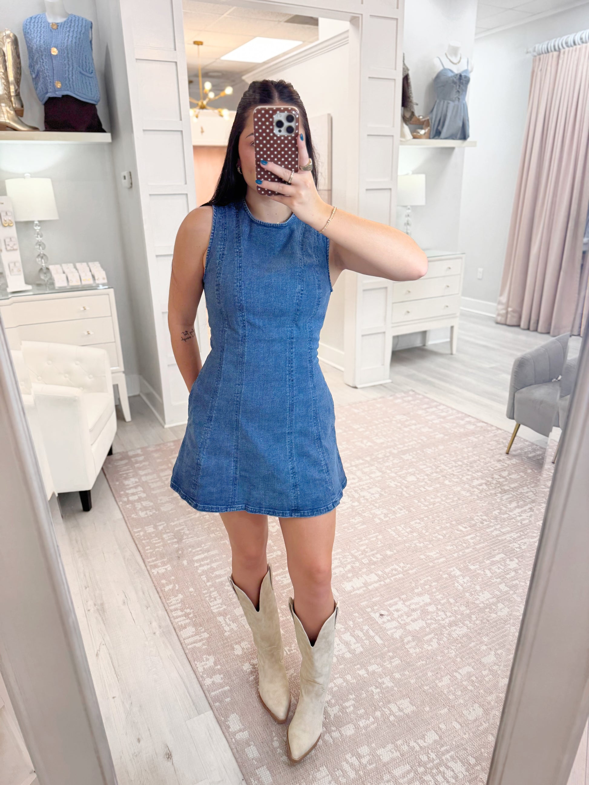 Game day dress, sleeveless dress, denim dress, flattering dress, dress with pockets, LSU denim dress, womens dress, sleeveless denim dress, flattering denim dress, Every day dress