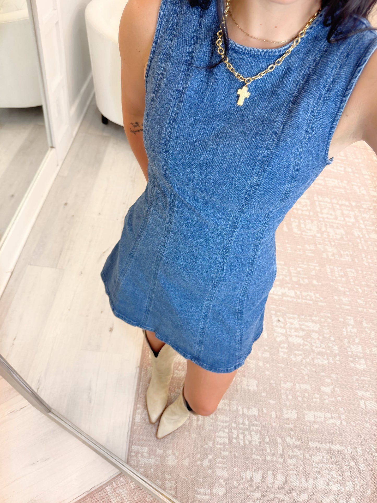 Game day dress, sleeveless dress, denim dress, flattering dress, dress with pockets, LSU denim dress, womens dress, sleeveless denim dress, flattering denim dress, Every day dress