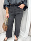 Women's denim, black denim, wide leg denim, high waisted denim, JBD denim, JBD black denim, comfortable denim, raw hem denim, black pants, black work pants, black work denim