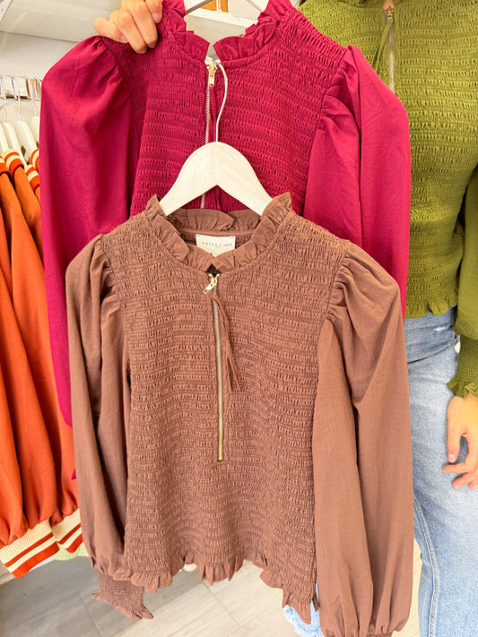Woman's top, long sleeve top, smocked top, puff sleeve top, fall top, fall essential, long sleeve fall top, womens fall top, womens long sleeve top, half zip smocked top, smocked long sleeve top,