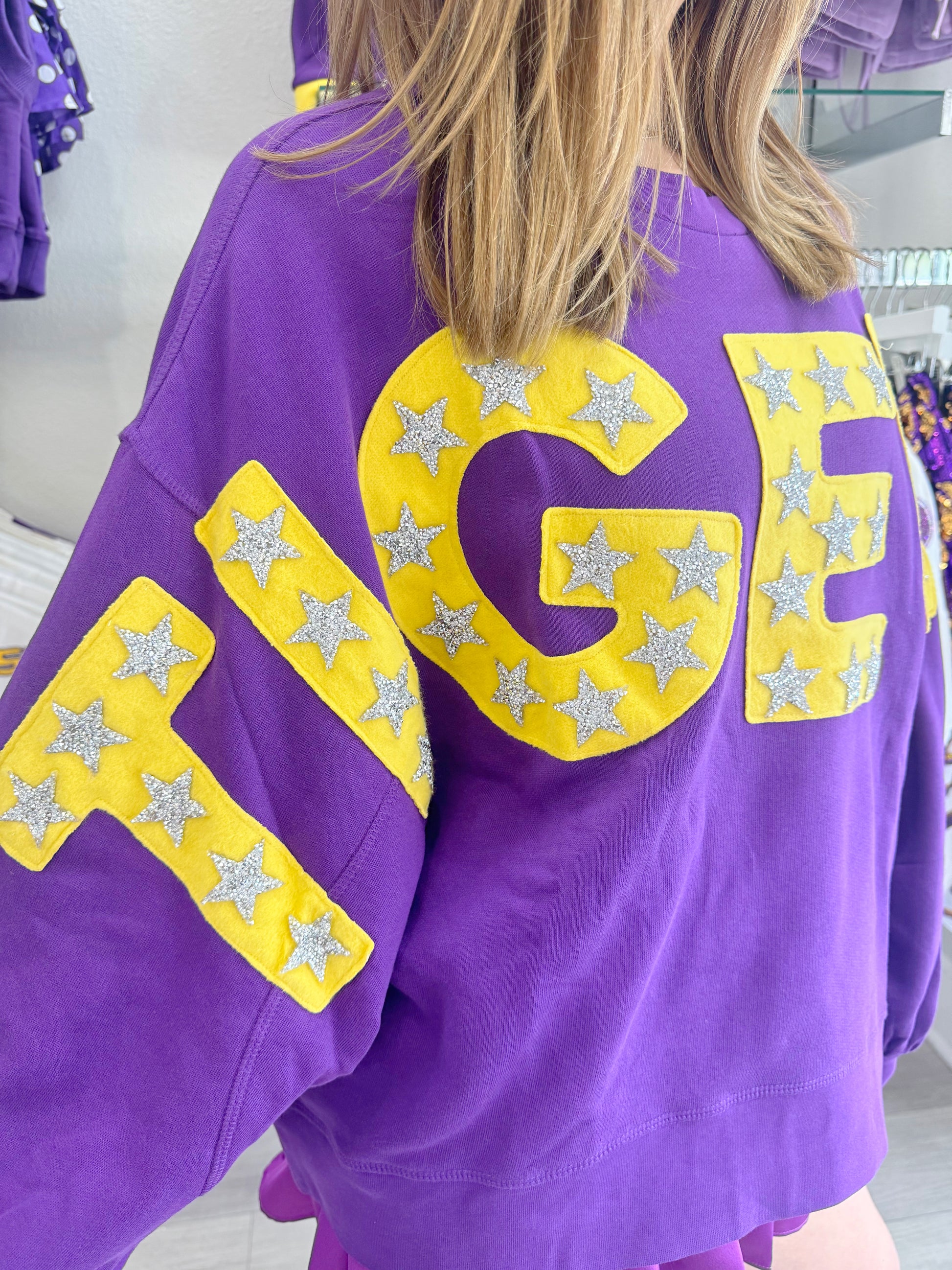 tigers sweatshirt, gameday sweatshirt, lsu sweatshirt, bold tigers sweatshirt, purple sweatshirt, purple tigers sweatshirt, comfy tigers pullover