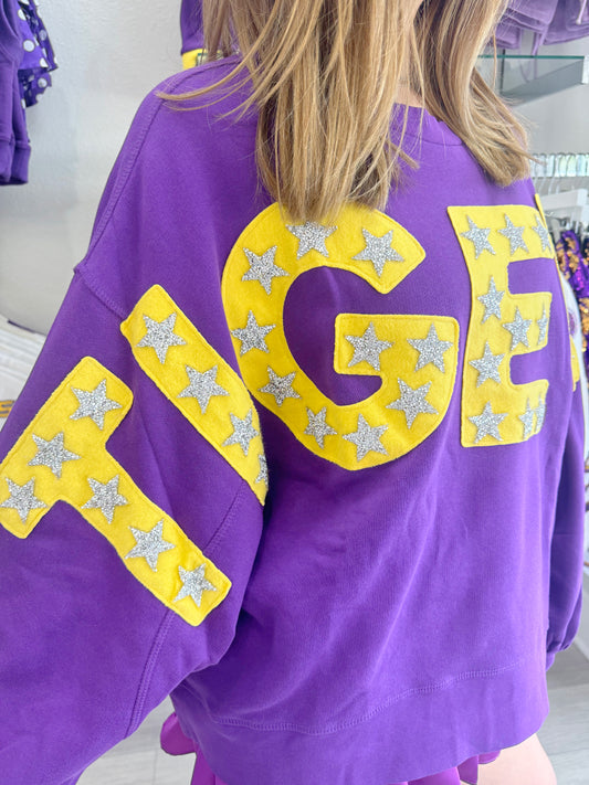 tigers sweatshirt, gameday sweatshirt, lsu sweatshirt, bold tigers sweatshirt, purple sweatshirt, purple tigers sweatshirt, comfy tigers pullover