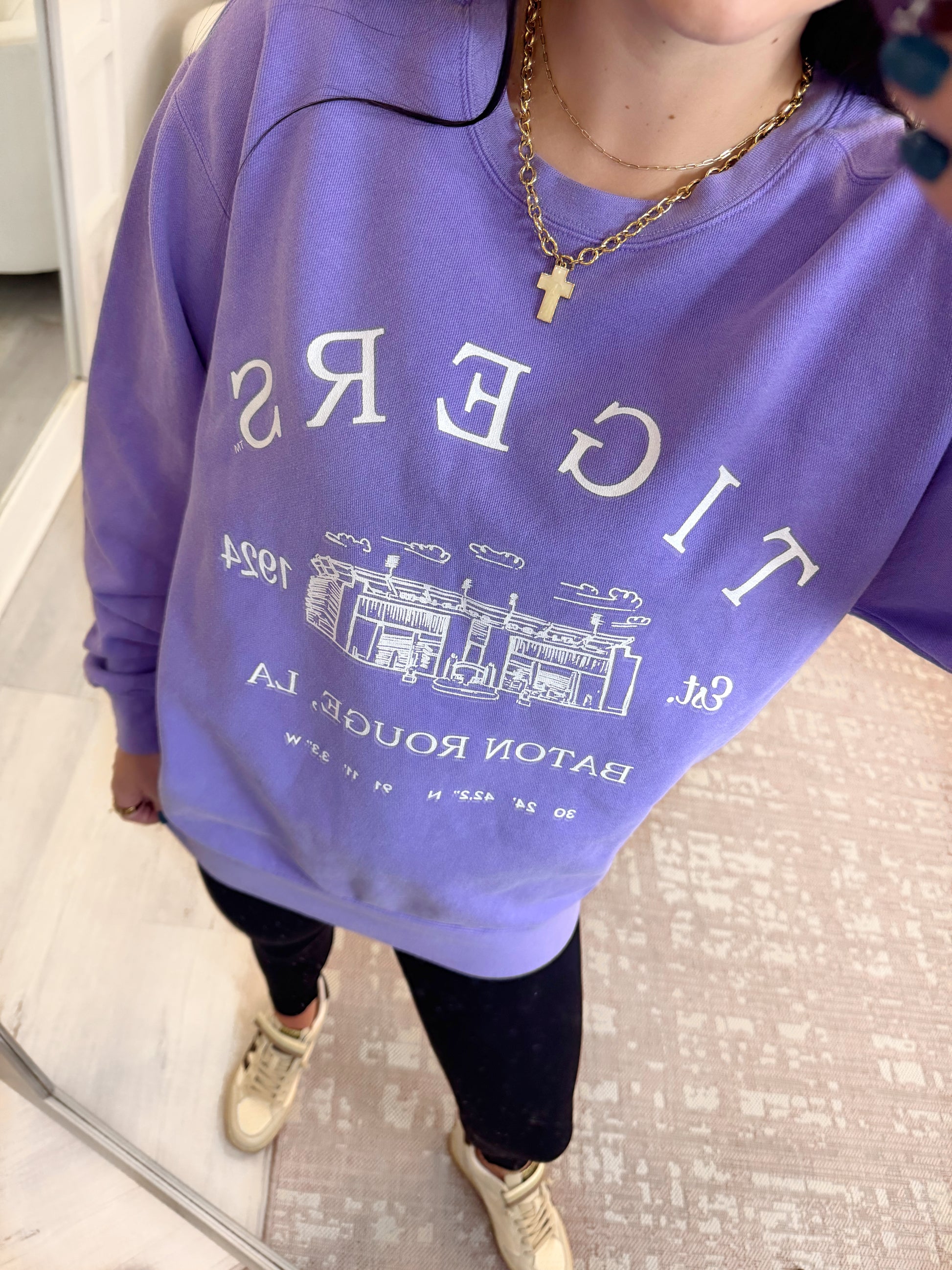 tiger stadium sweatshirt, long sleeve tigers top, game day top, fall game day sweater, tigers sweatshirt, purple sweatshirt, LSU, Stadium sweatshirt, warm sweatshirt, womens sweatshirt 