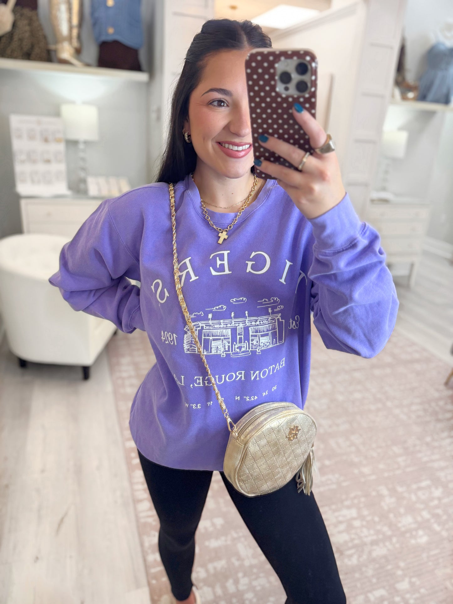 tiger stadium sweatshirt, long sleeve tigers top, game day top, fall game day sweater, tigers sweatshirt, purple sweatshirt, LSU, Stadium sweatshirt, warm sweatshirt, womens sweatshirt 