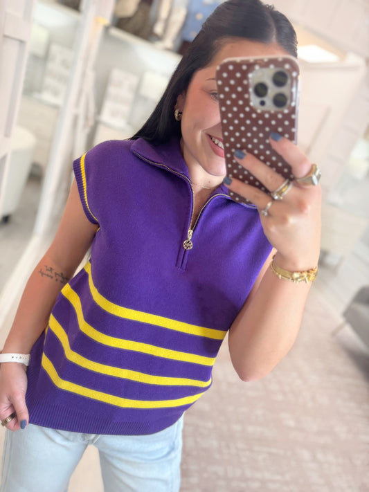 LSU sweater, striped sweater, woman's sweater, sleeveless LSU sweater, purple and gold sweater, Mary square sweater, knit sweater, knit sleeveless sweater, game day sweater