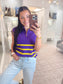 LSU sweater, striped sweater, woman's sweater, sleeveless LSU sweater, purple and gold sweater, Mary square sweater, knit sweater, knit sleeveless sweater, game day sweater