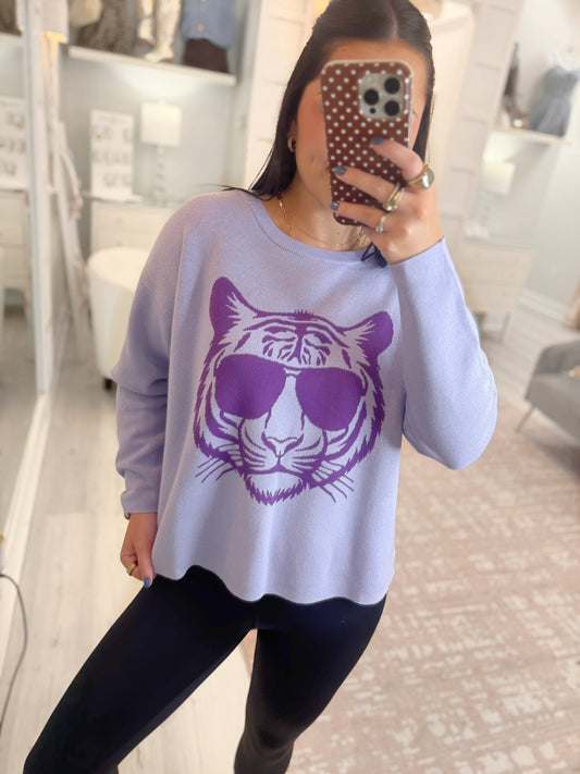 LSU sweater, purple lsu sweater, long sleeve purple sweater, gameday sweater, long sleeve sweater, tiger head sweater, tiger head with sunglasses sweater, purple tiger head sweater, woman's long sleeve lsu sweater