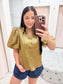 puff sleeve top, v neck, gold top, fall top